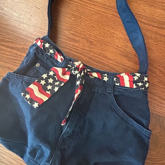 Repurposed Upcycled Denim Purse USA Patriotic Flag Shoulder Bag Bonjour Jeans - Picture 5 of 13